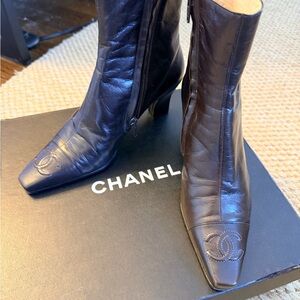 CHANEL Women's Dark Brown Leather Heeled Booties Vintage